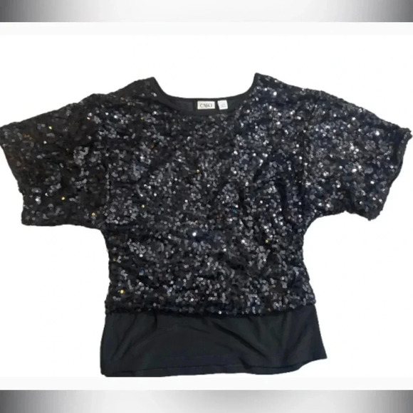 CATO BLACK SEQUIN TOP BATWING SLEEVE SCOOP NECK STRETCH SIZE LARGE - Picture 2 of 8